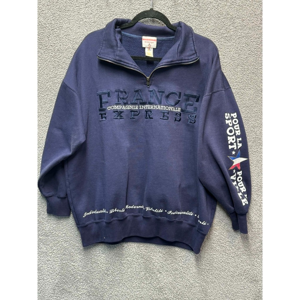 Vintage French Express Athletics Quarter Zip Sweatshirt Men's L Navy